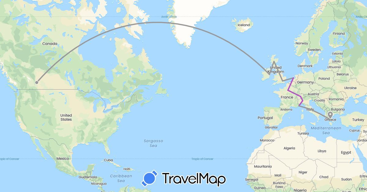 TravelMap itinerary: driving, plane, train in Canada, Switzerland, France, United Kingdom, Greece, Ireland, Italy, Monaco, Netherlands (Europe, North America)